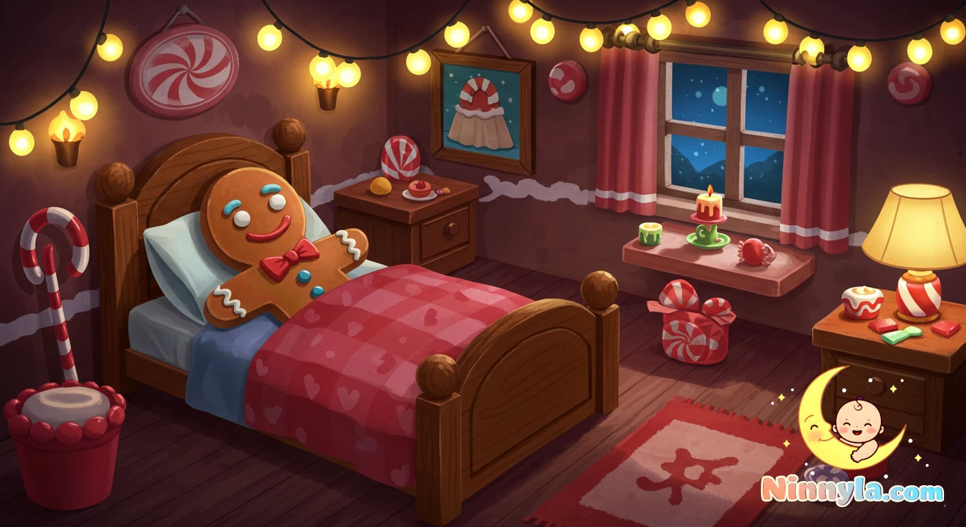 The Gingerbread Man's Sweet Dreams 🍪 1 A cheerful gingerbread man resting in a cozy, candy-decorated bedroom with warm glowing lights, creating a peaceful bedtime atmosphere.