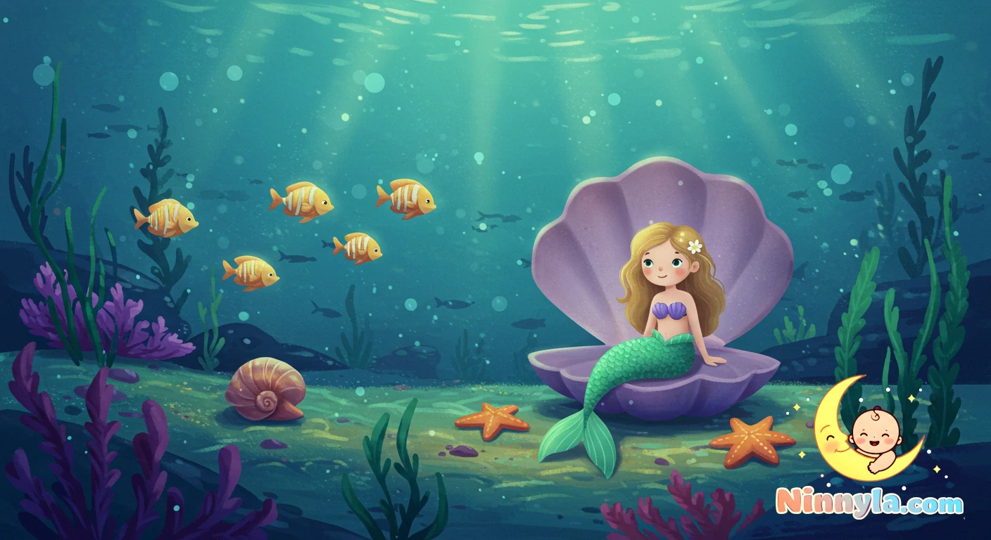 A gentle underwater scene with a little mermaid sitting on a seashell, glowing fish swimming around her, seaweed swaying softly, and a calm, dreamy ocean atmosphere.