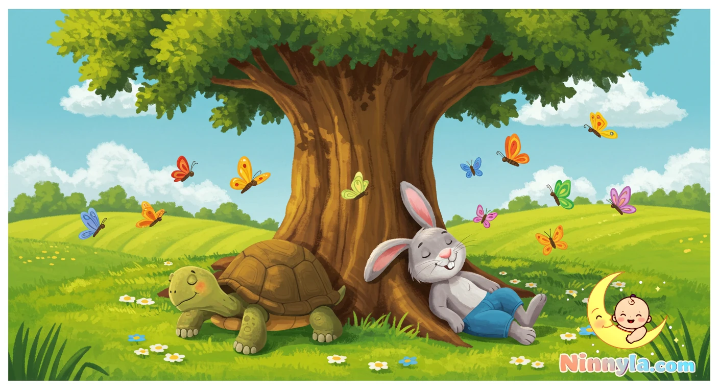 The Tortoise and the Hare's Naptime Race 🌙 1 Children’s cartoon style illustration: A gentle tortoise and a sleepy hare lying under a tree, soft dreamy background with stars beginning to twinkle.