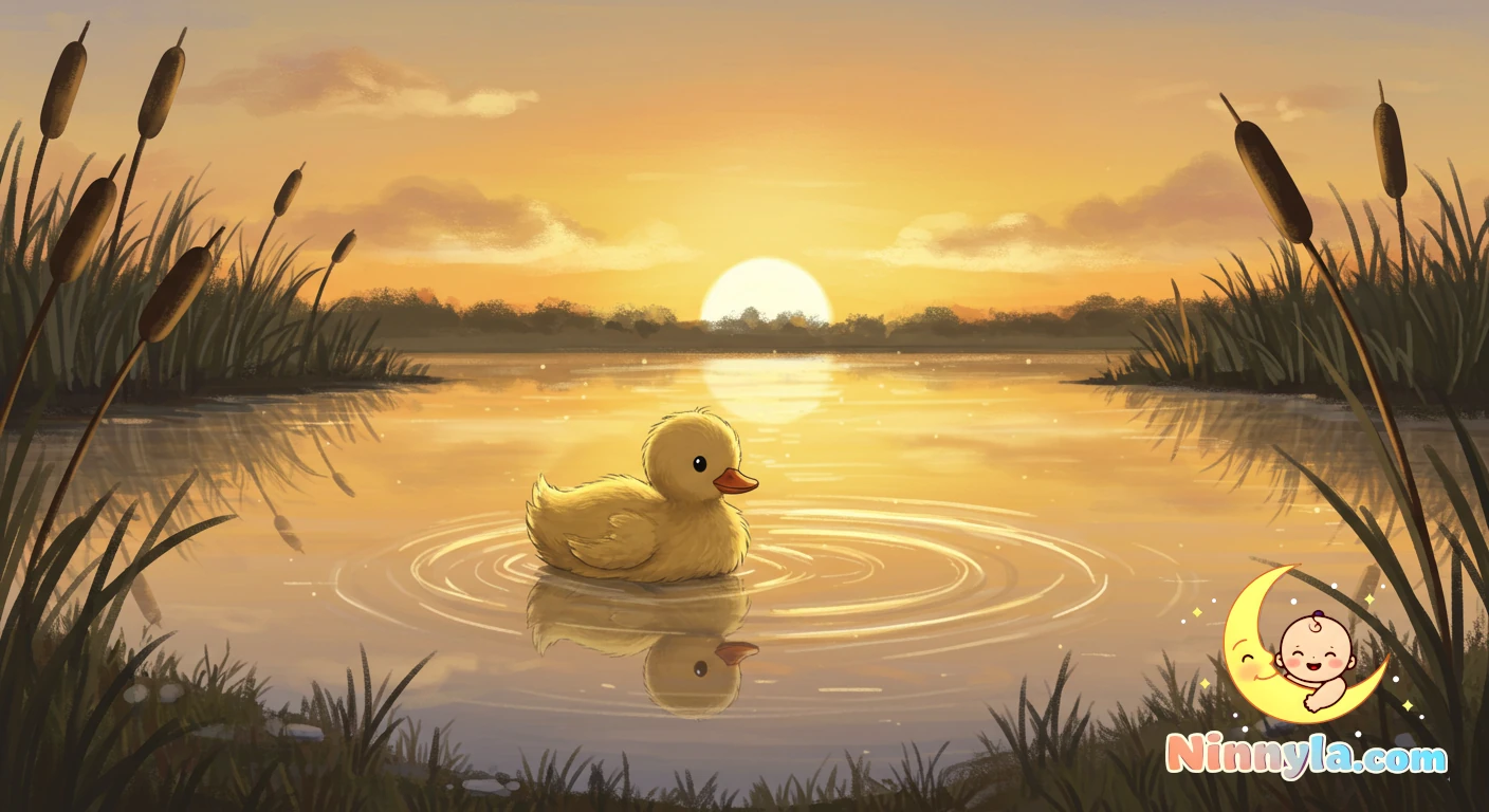 A gentle lake at sunset, soft ripples on the water, a small fluffy duckling gazing at its reflection, surrounded by calm reeds and a glowing golden sky.