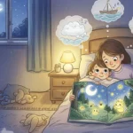 Snow White standing in a glowing cottage surrounded by seven tiny beds and sleepy dwarfs with twinkling eyes.